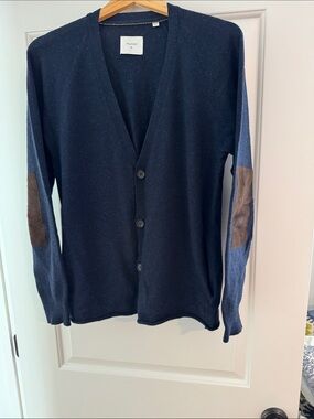 Billy Reid Navy Merino Wool Blend Cardigan Goat Leather Elbow Patches Luxury Med